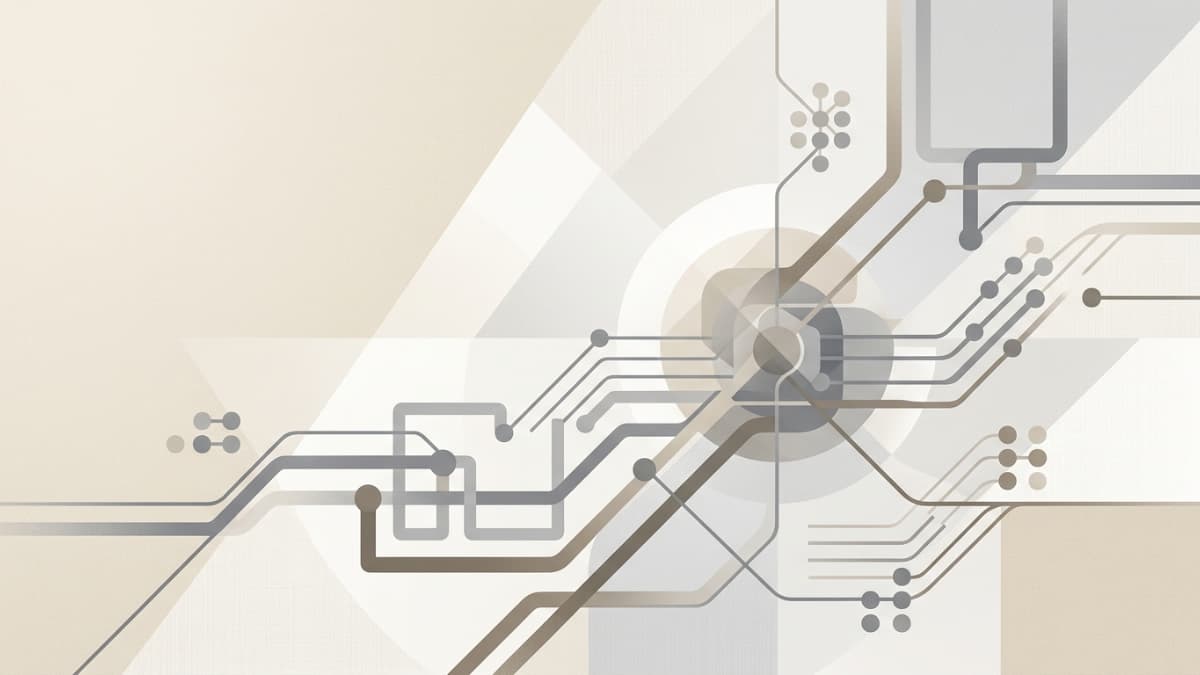 A minimalist abstract technical illustration featuring a network of intersecting circuit lines, nodes, and geometric overlays in a palette of beige, white, and soft gray.