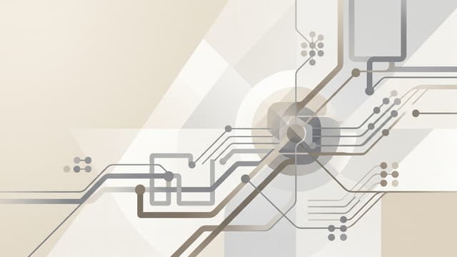 A minimalist abstract technical illustration featuring a network of intersecting circuit lines, nodes, and geometric overlays in a palette of beige, white, and soft gray.
