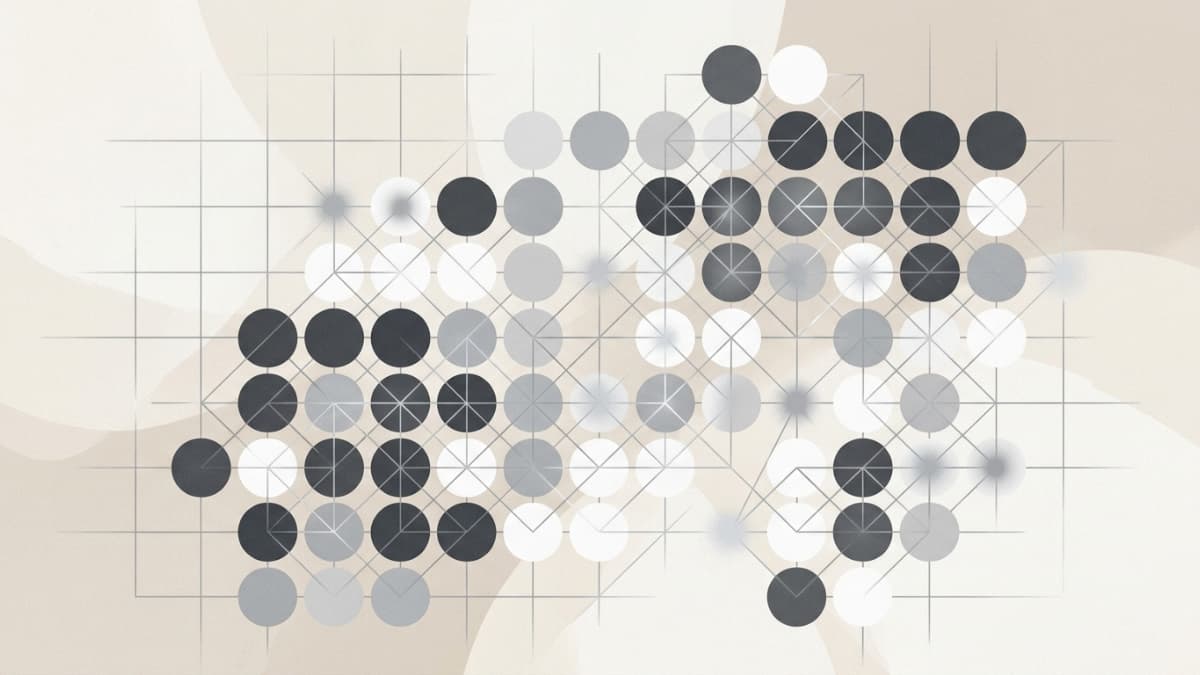 A minimalist abstract technical illustration featuring a network of intersecting circuit lines, nodes, and geometric overlays in a palette of beige, white, and soft gray.