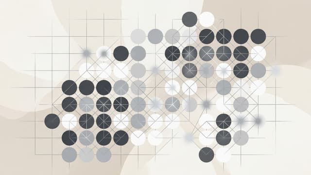 A minimalist abstract digital artwork featuring a Go board grid with circular stones in shades of gray and white.