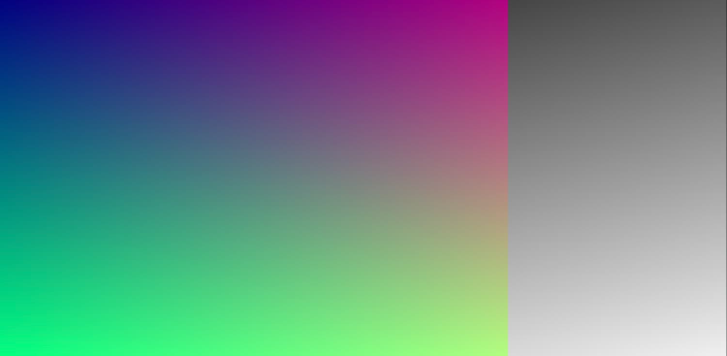 Сolorful gradient on the left and a grayscale version on the right, demonstrating a post-processing effect.