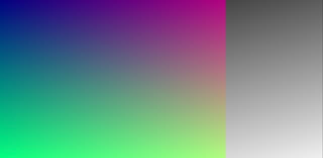Сolorful gradient on the left and a grayscale version on the right, demonstrating a post-processing effect.