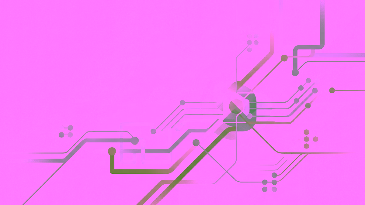 A minimalist abstract technical illustration featuring a network of intersecting circuit lines, nodes, and geometric overlays in a palette of beige, white, and soft gray.