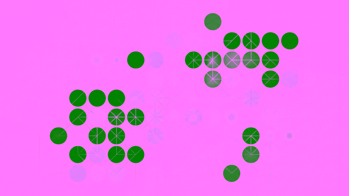 A minimalist abstract digital artwork featuring a Go board grid with circular stones in shades of gray and white.