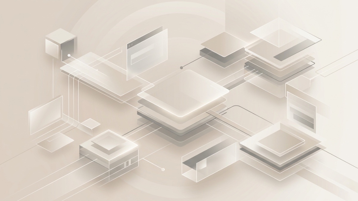 A minimalist abstract digital artwork representing nodes connected with lines in shades of beige and gray.